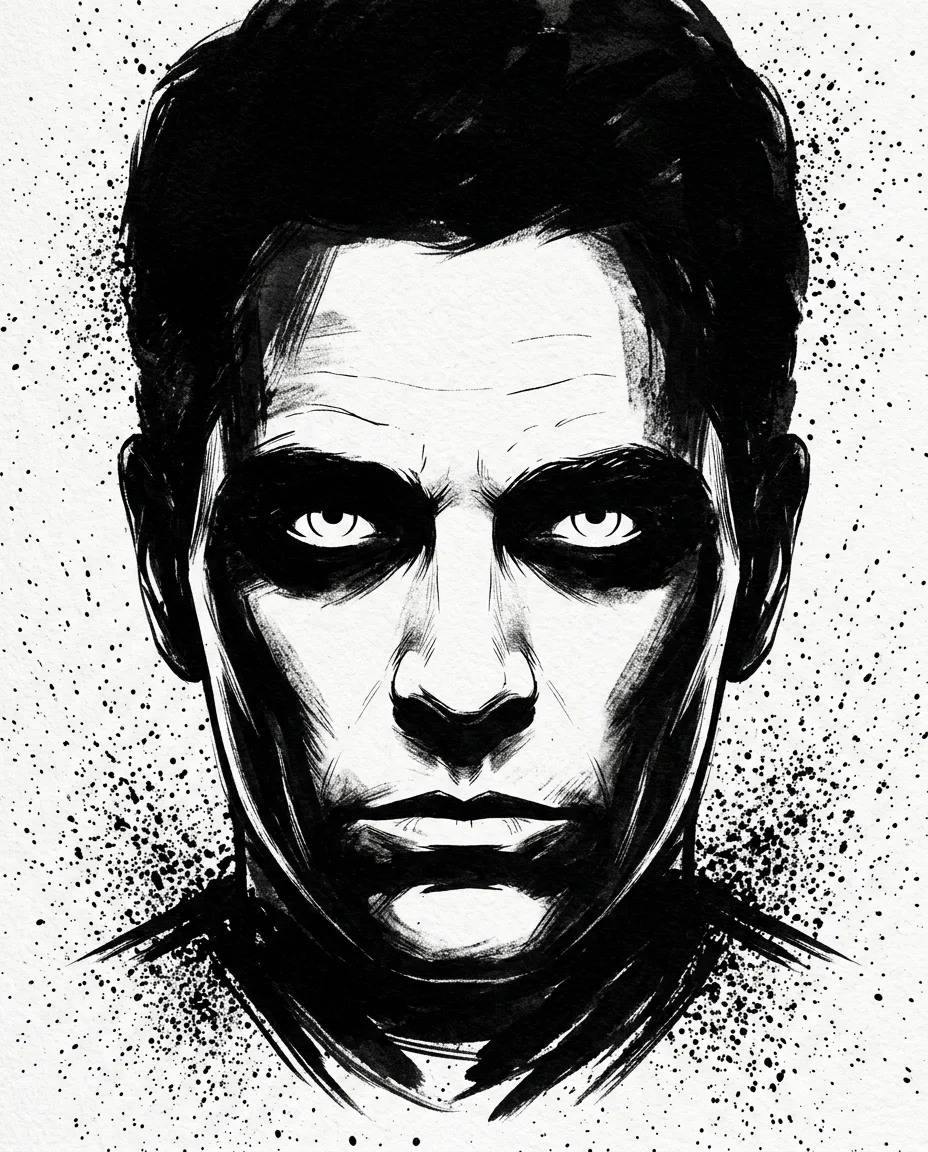 A high-contrast ink noir portrait in direct frontal view, illustrated with expressive black ink strokes and controlled splatter. The face...