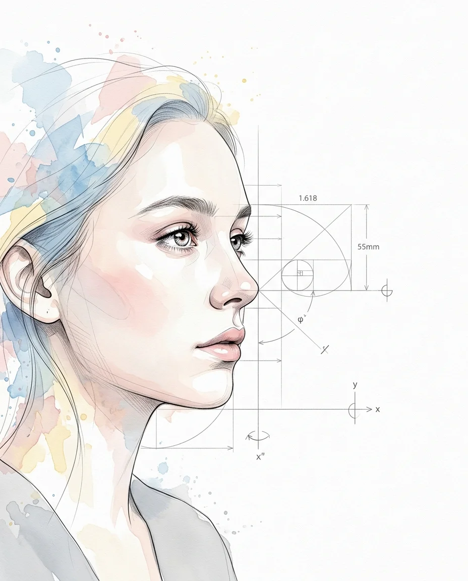 A blend of high-end illustrative realism with delicate ink lines and soft watercolor strokes. A three-quarter profile portrait where the...