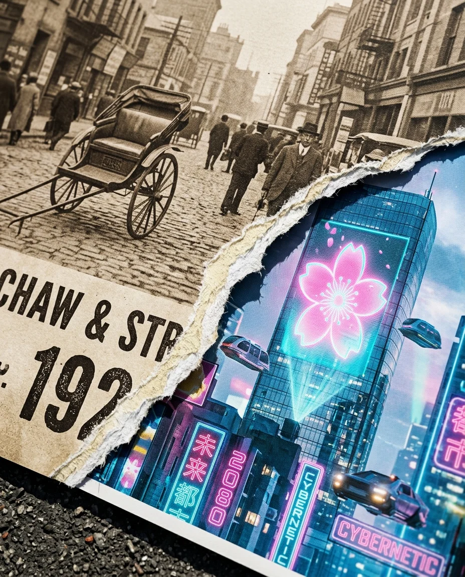 An extreme close-up photograph of the torn diagonal edge at the center of the poster lying flat on a dark...