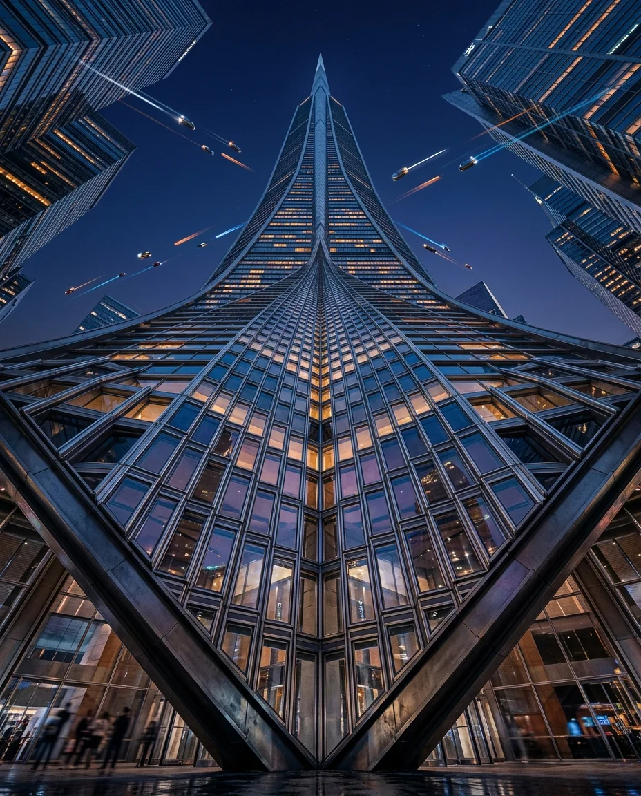 A vertigo-inducing photograph looking straight up from the base of the futuristic skyscraper, the tower's glass and steel facade converging...