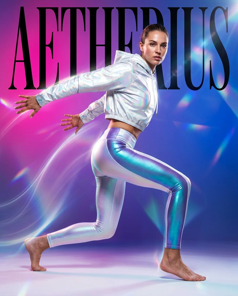 A dynamic fashion advertisement of a hyper-realistic female model captured in a dynamic landing pose, one knee bent with her...