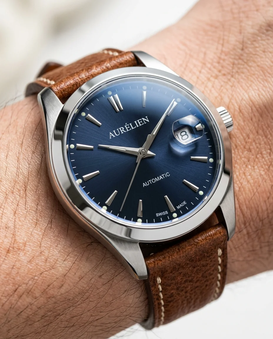 Extreme Nahaufnahme-Mode-Produktfotografie der Luxus-Armbanduhr, die den Rahmen füllt. Das polierte Metallgehäuse zeigt zwei Oberflächenzonen...