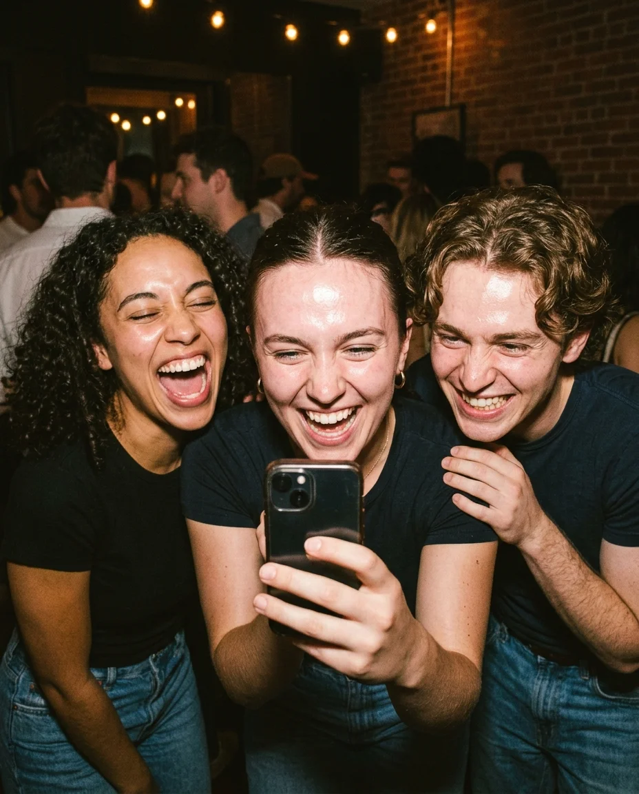 Three friends caught in explosive laughter during party selfie, flash capturing chaotic joy, tilted frame, warm vintage tone