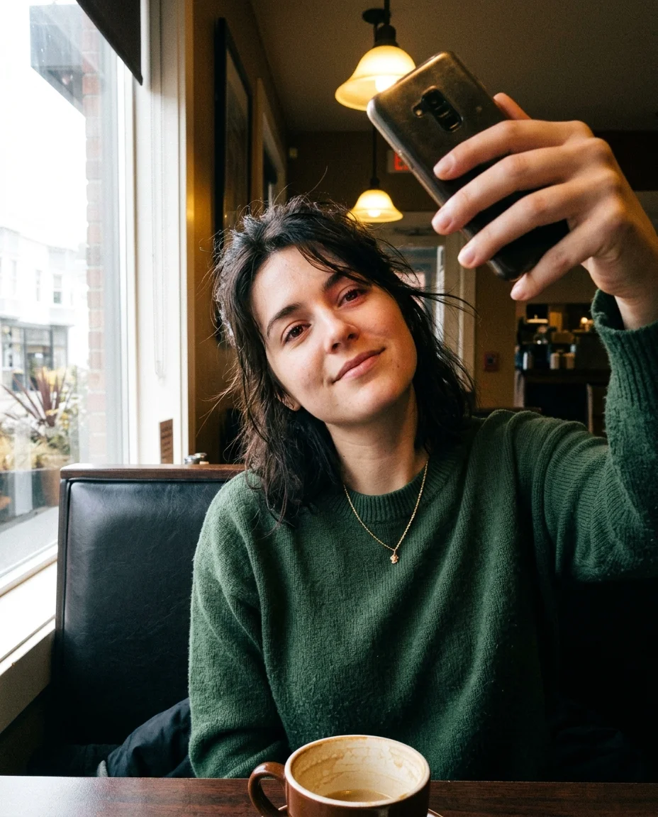 Leicht von oben aufgenommenes Lo-Fi Selfie derselben Frau, die ihr Kinn hochhebt mit einem sanften, natürlichen Lächeln.
