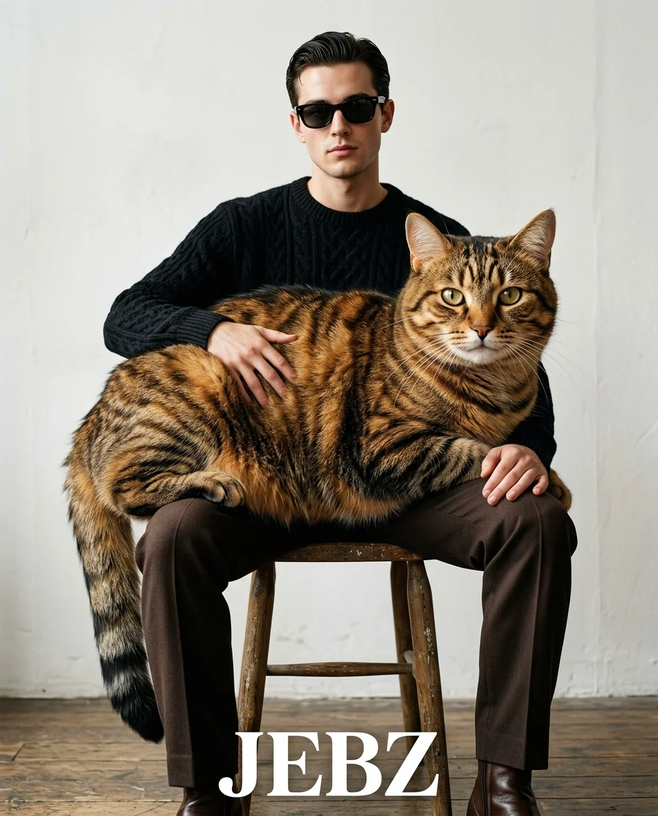 Mann sitzt auf einem Hocker mit einer übergroßen getigerten Katze auf seinem Schoß, beide der Kamera zugewandt in einem minimalistischen Studio