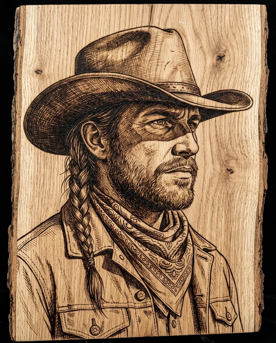 Ein ultra-detailliertes Western-Frontier-Porträt, graviert in Naturholz im Pyrographie-Stil, das Motiv ist in Dreiviertelansicht gedreht. Das...