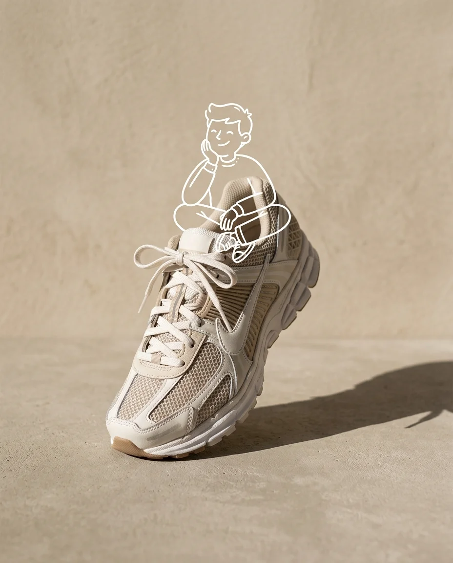Ein einzelner Premium-Sportschuh, aufrecht in einem leichten Winkel auf einer einfachen matten Oberfläche platziert, präsentiert als minimalistische Produkt...