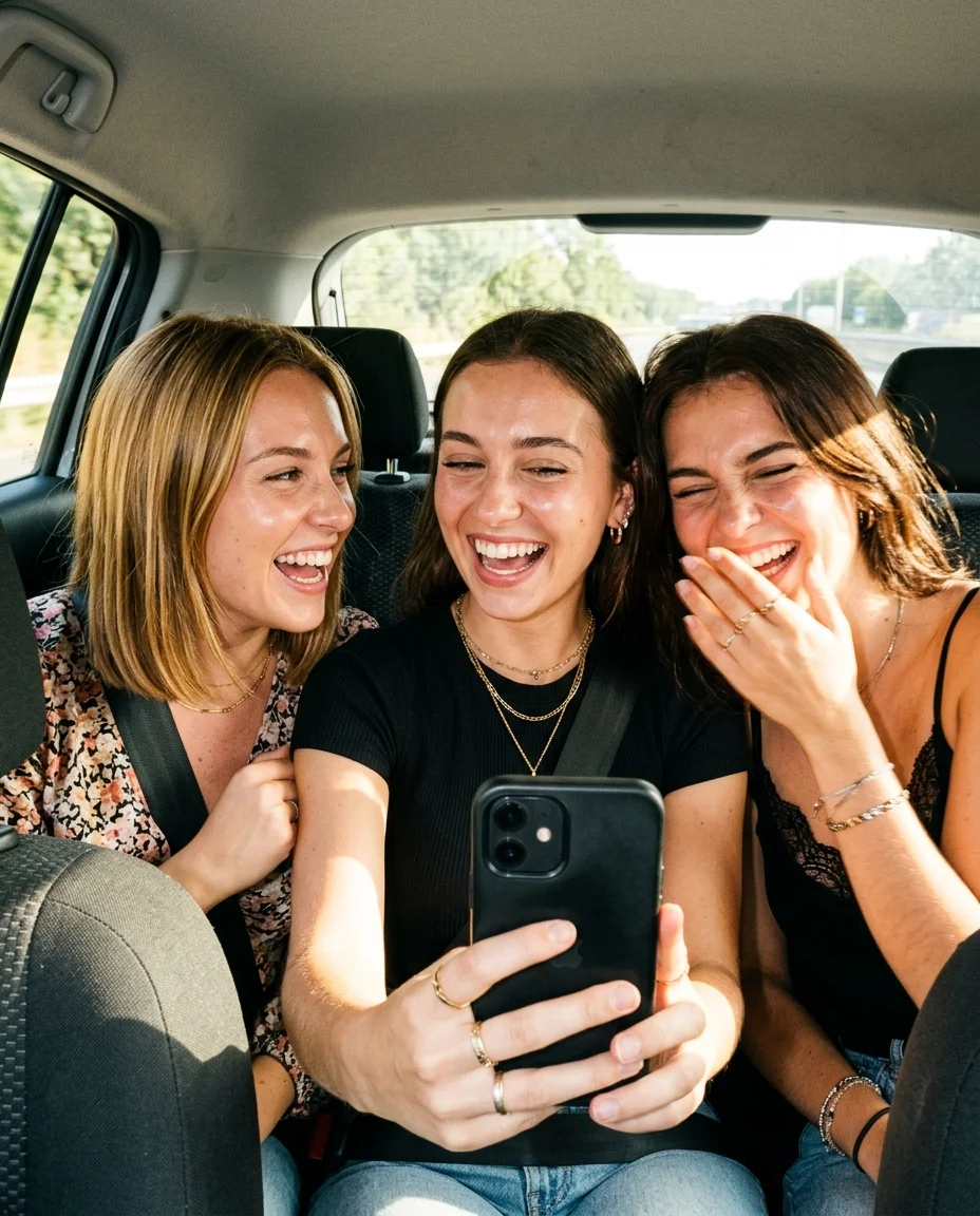 Three friends laughing uncontrollably in a car selfie, one covering her mouth, motion blur capturing the candid hilarity