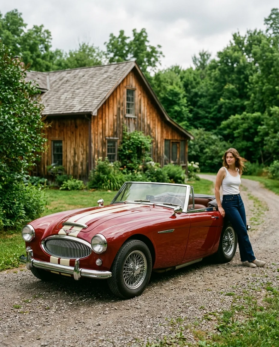 Dreiviertelansicht eines Oldtimer-Autos in Kirschrot mit cremefarbenen Rennstreifen auf einer ländlichen Auffahrt, Holzfarmhaus dahinter, warmes, bedecktes