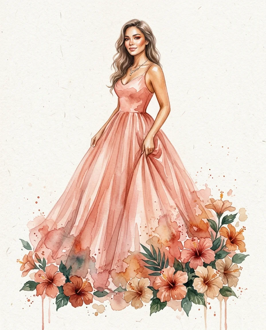 A soft watercolor portrait of a beautiful woman shown full-length from a slightly low angle, wearing an elegant flowing ball...