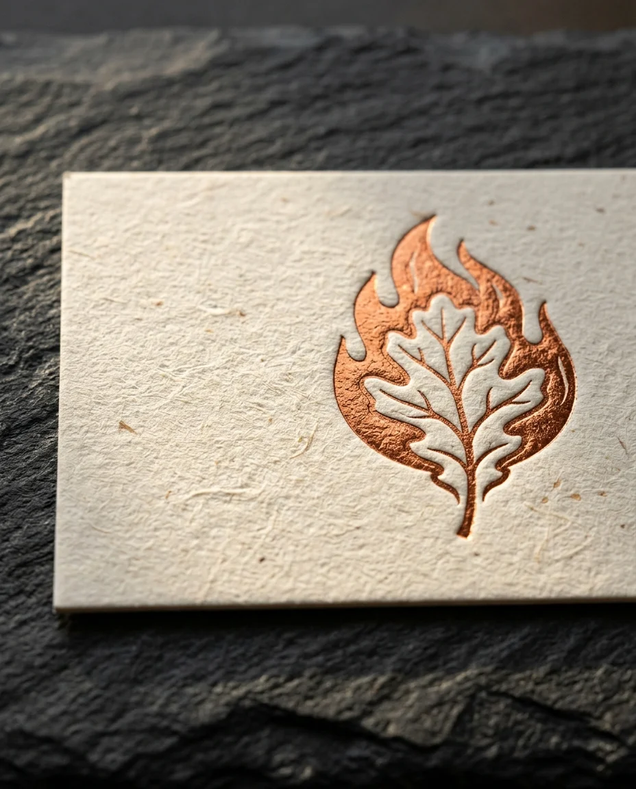Das gleiche Ember & Oak Flammen-Eichenblatt-Logo allein, in Kupferfolie auf eine einzelne dicke cremefarbene Visitenkarte geprägt, die auf dunklem Schiefer