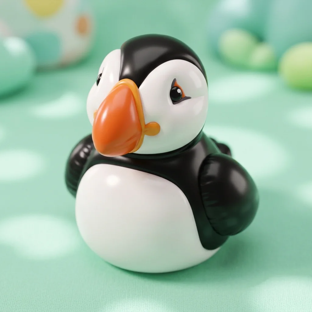 La misma marca de puffin inflable sobre un fondo verde menta, luz más suave, reflejos extra blandos, juguetón