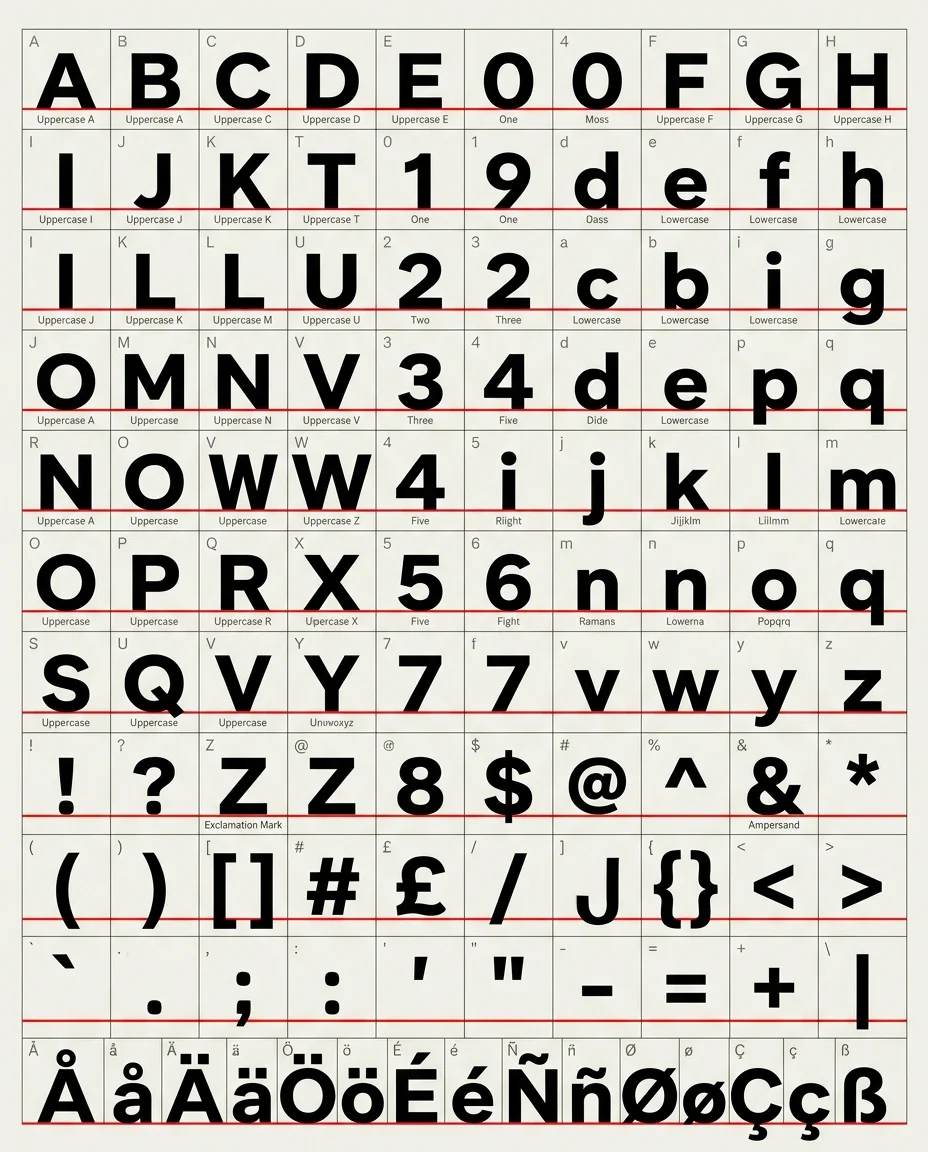 Das gleiche Spezimensystem als vollständiges Alphabet-Raster, jedes Zeichen in Schwarz auf Off-White, eine rote Grundlinien-Regel, präzise und sauber