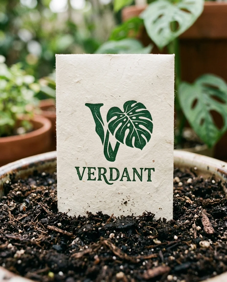 Le logo Monstera-V de Verdant seul, vert foncé sur un seul sachet de graines de couleur crème planté dans la terre, lumière du jour douce, macro de