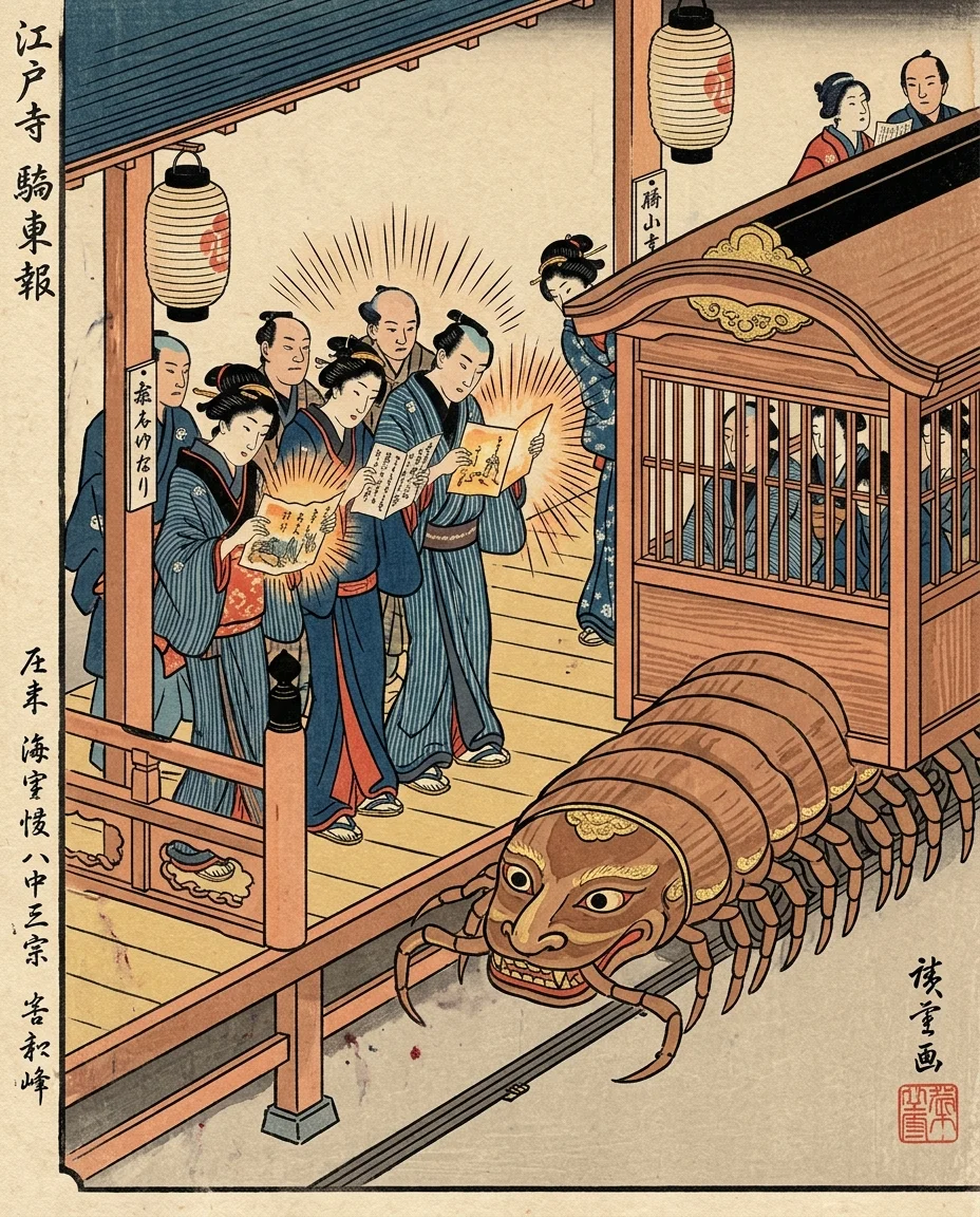 Un détail d'estampe japonaise Ukiyo-e de la période Edo. Une vue rapprochée d'une plateforme en bois surélevée — une station de métro réimaginée à l'époque