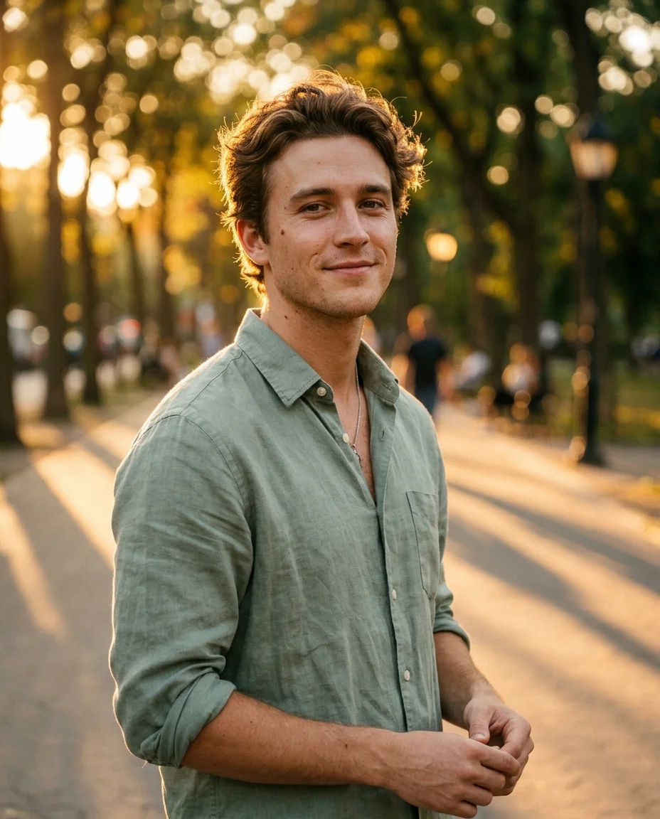 A cinematic golden hour portrait of a young man standing outdoors, warm sunlight wrapping around him in rich amber and...