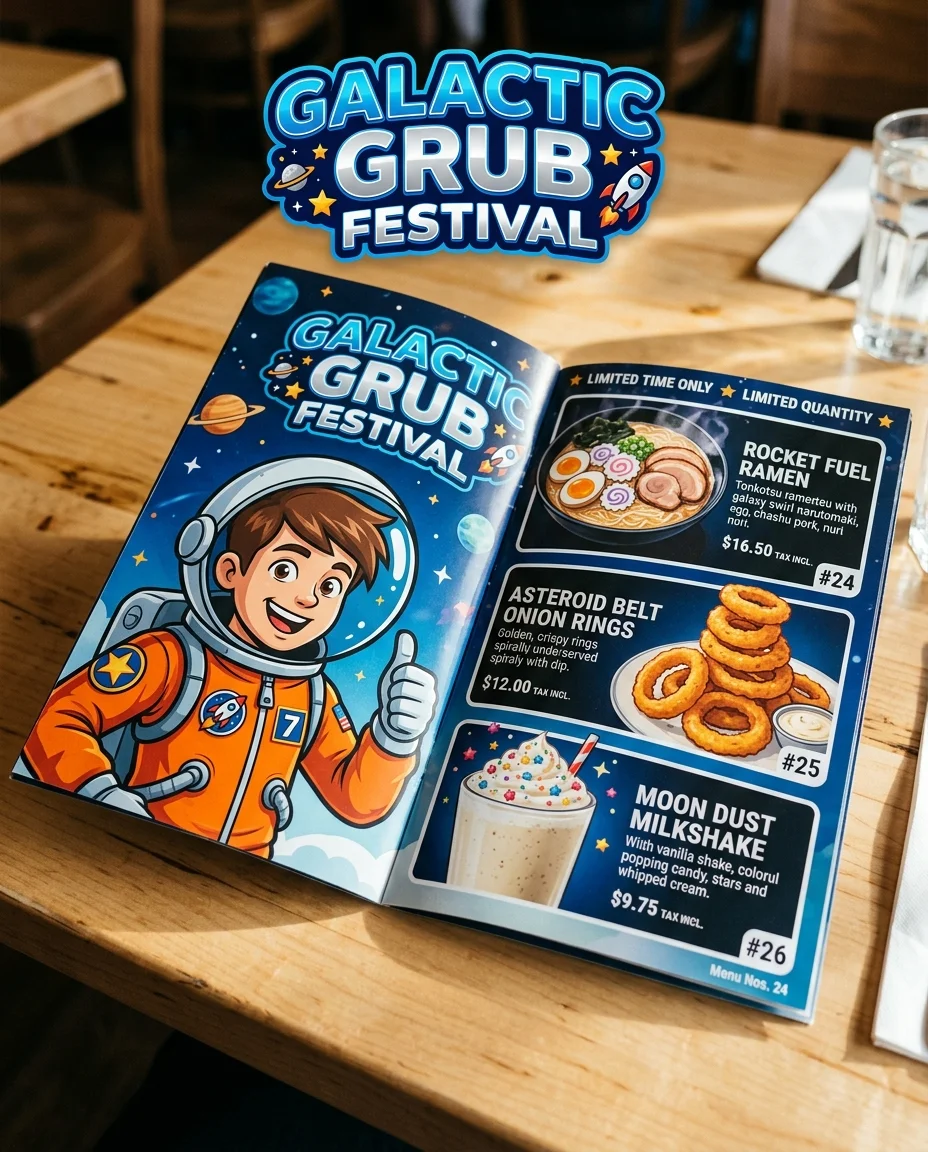 A photo-style image taken from an oblique angle of a glossy booklet menu placed on an actual family restaurant table....