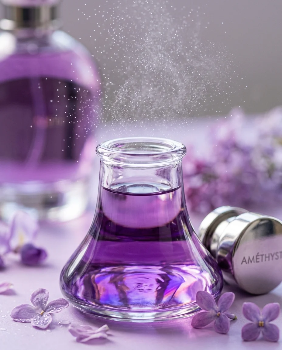 Ultrarealistische Nahaufnahme einer kommerziellen Produktfotografie des oberen Teils einer Luxus-Parfümflasche. Der elegante runde Glashals und die Öffnung