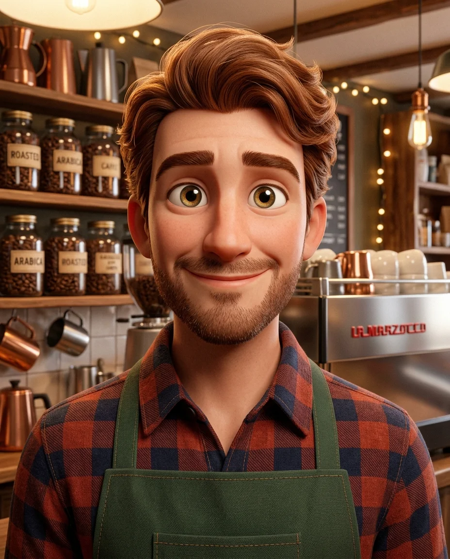 Ein Nahaufnahme-Porträt der 3D-Barista-Figur von den Schultern aufwärts, ihre großen ausdrucksstarken Augen dominieren die Komposition mit...