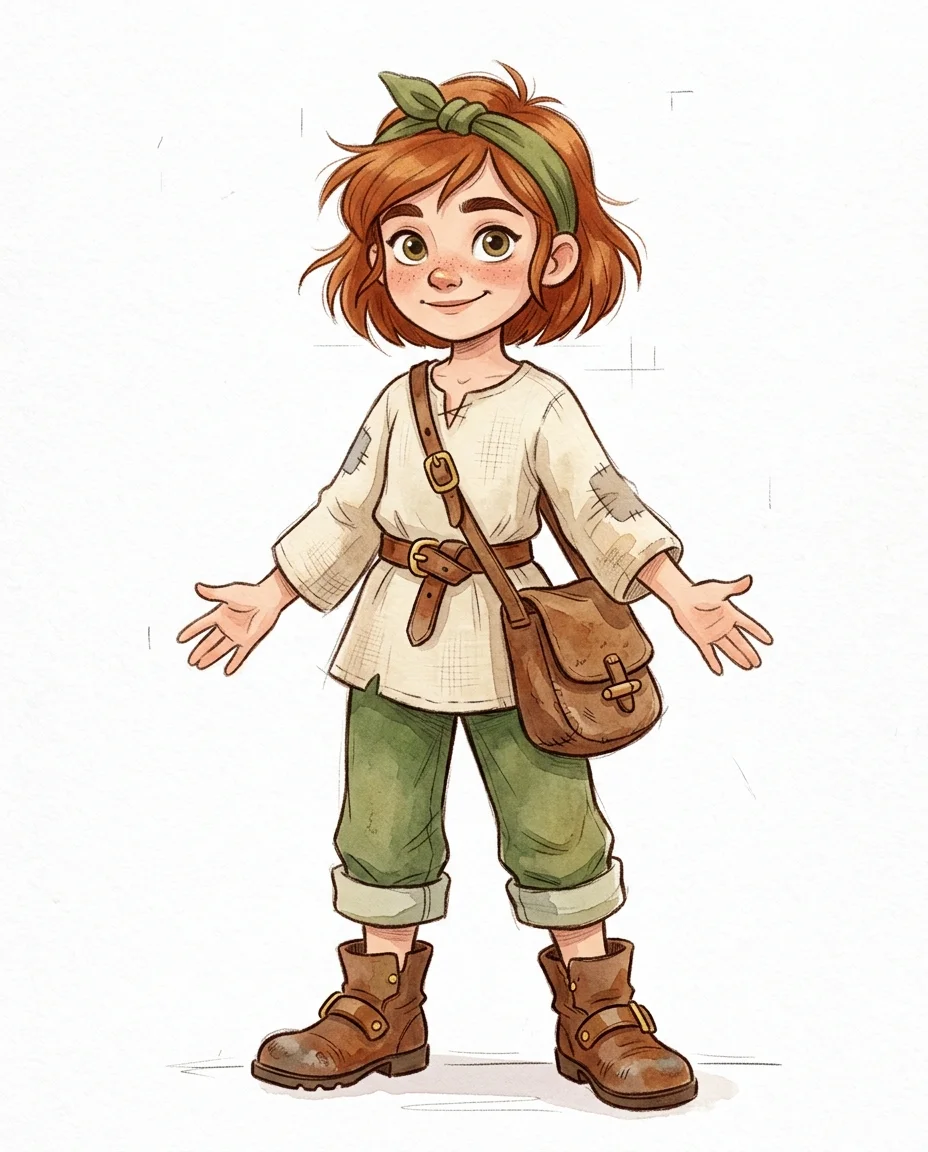 Um design de personagem de vista frontal única de uma jovem aventureira em estilo de animação desenhado à mão caprichoso, ampliado para preencher o quadro....