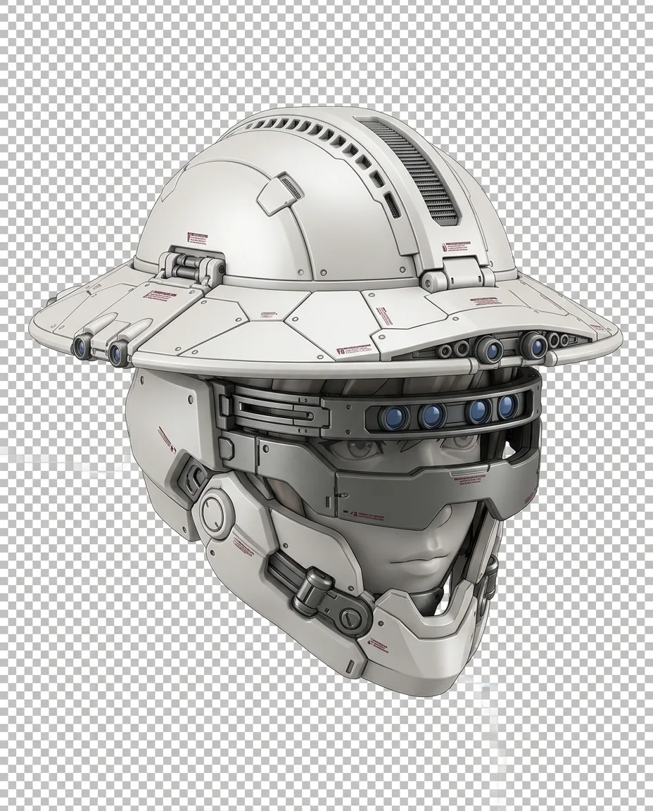 Ein Nahaufnahme-Konzept-Render des Kopfmoduls des Mecha-Mädchen-Modellbausatzes, der den Rahmen mit außergewöhnlichen mechanischen Details ausfüllt. Das...