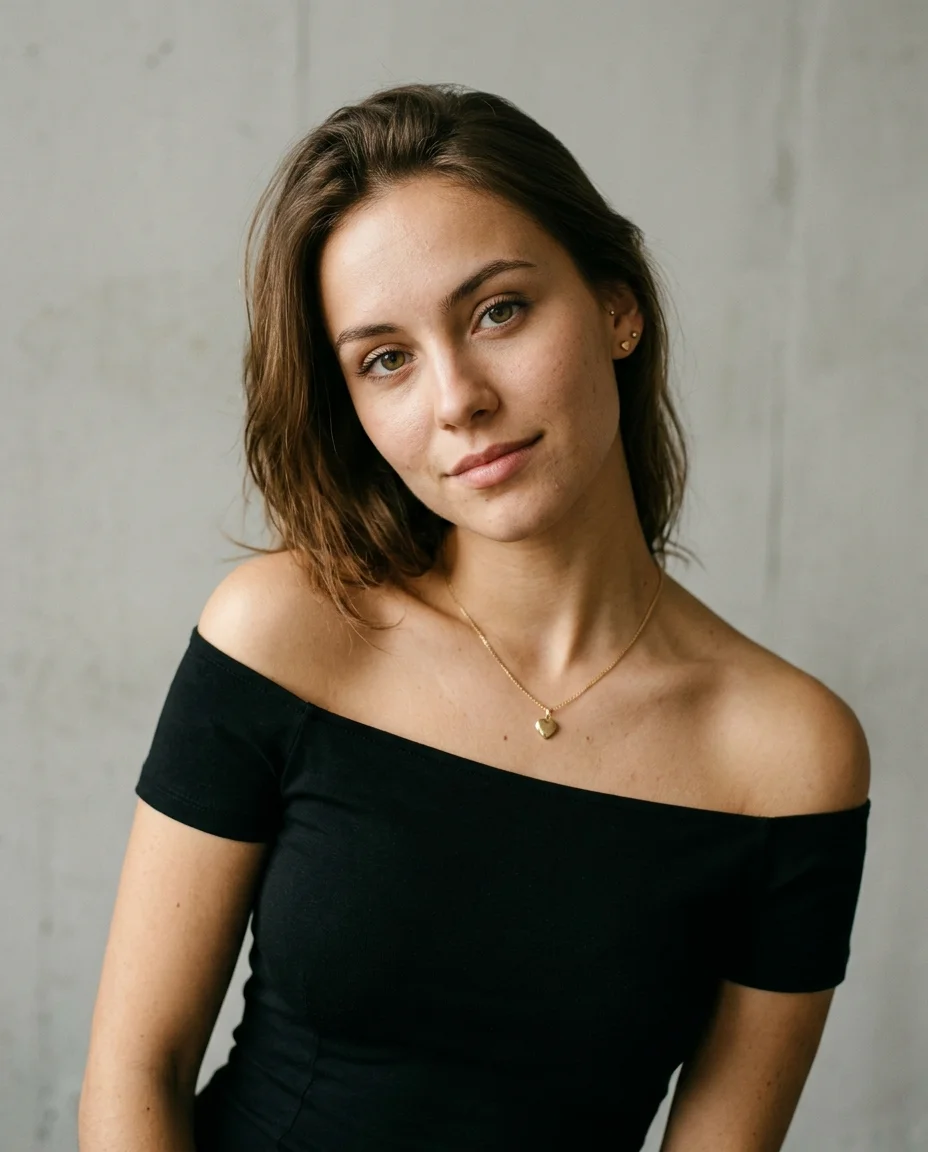 Studio portrait with a direct confident gaze, head slightly tilted, black off-shoulder dress and gold heart pendant, warm clean lighting, composed and magnetic