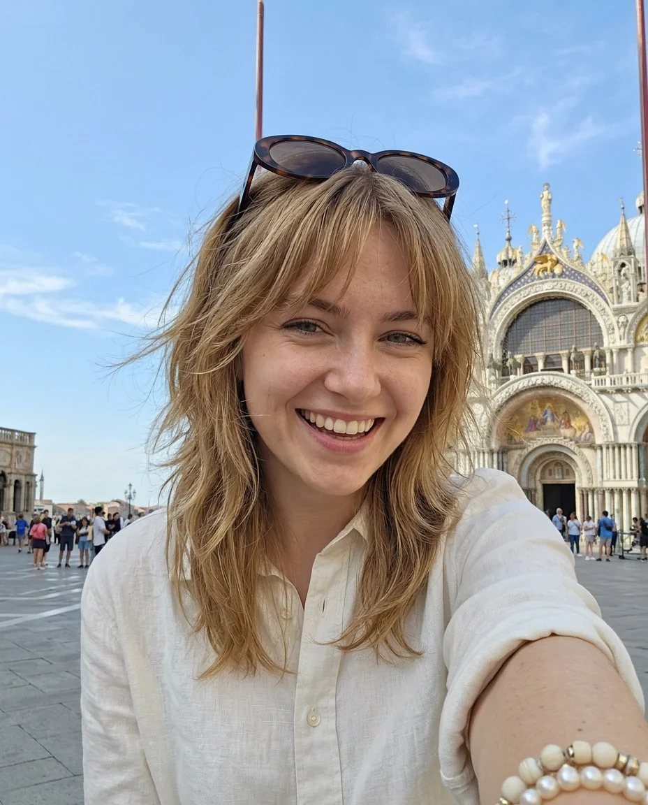 Closer smartphone selfie with sunglasses lifted, grey-green eyes revealed, genuine laughing expression, basilica golden mosaics behind