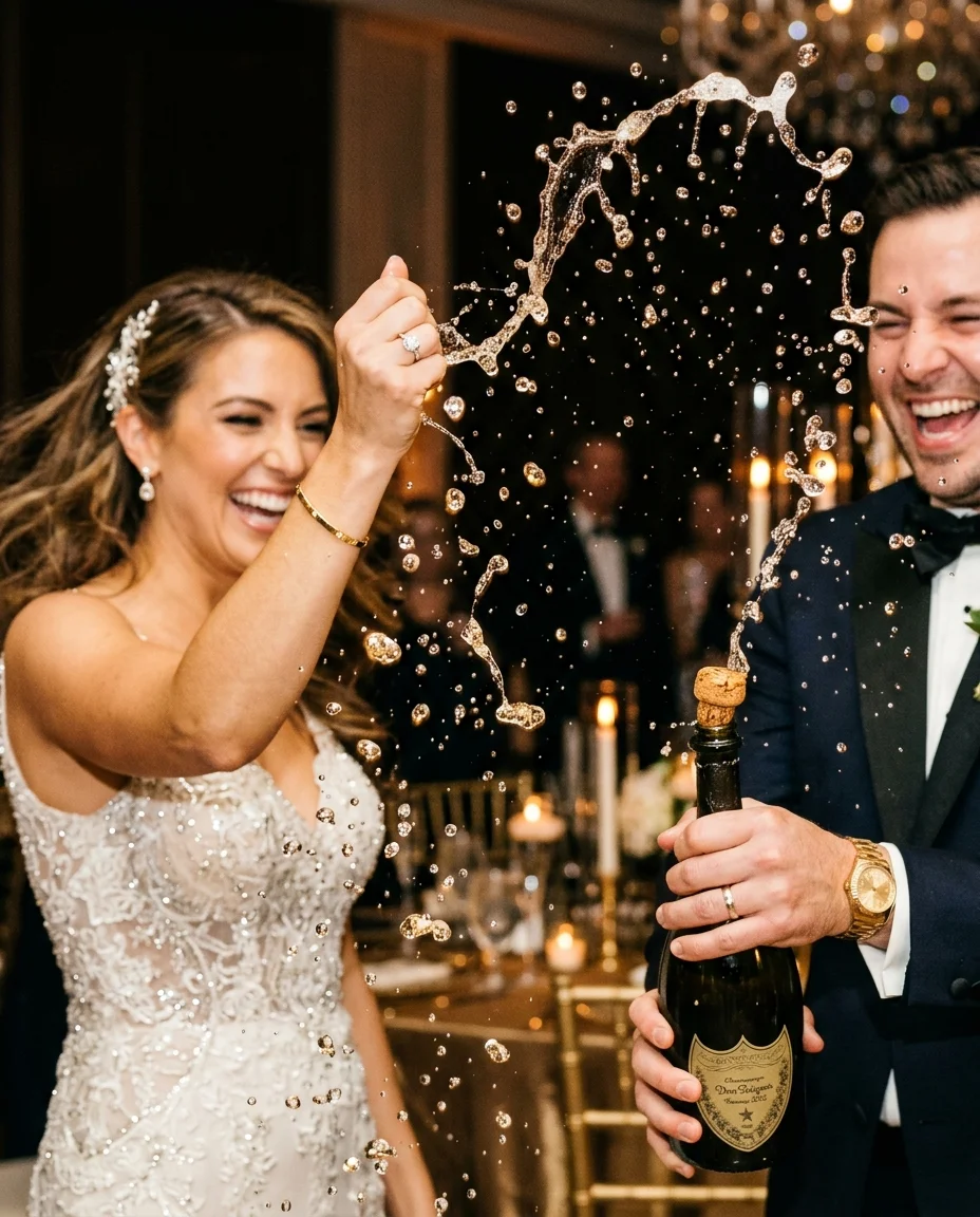 Close-up of frozen champagne spray between a bride and groom, individual droplets and arcs caught in sharp focus, their joyful faces in warm bokeh behind