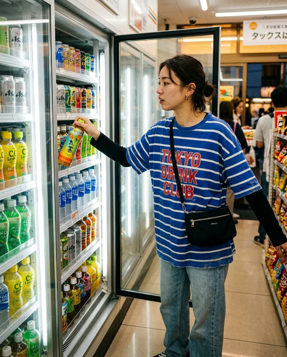 Une photographie de street style candid à l'intérieur d'un dépanneur. Une jeune femme élégante se tient de profil, tendant la main vers un... ouvert