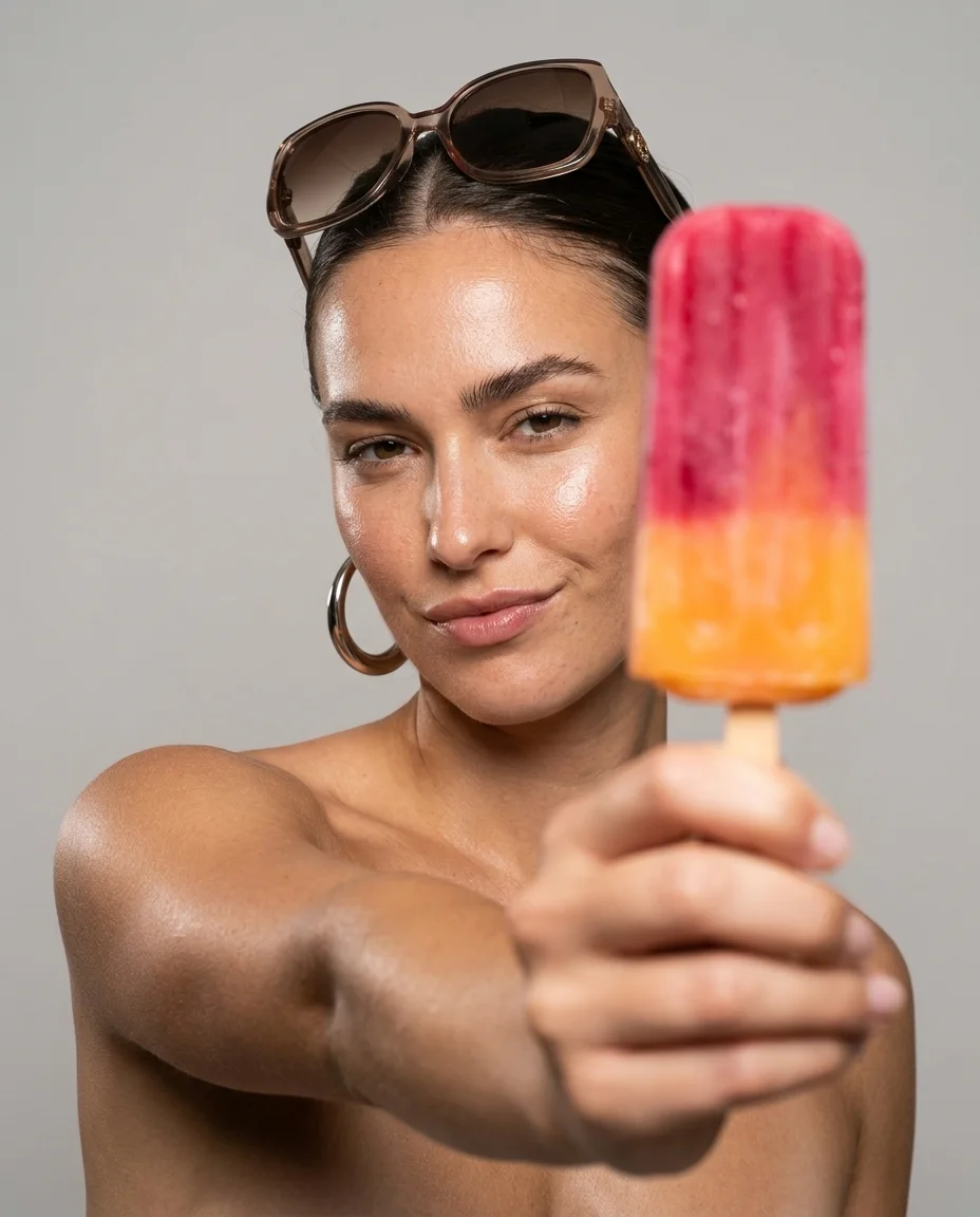 Fashion portrait of a woman extending a colorful popsicle toward the camera with a confident smirk, shallow depth of field