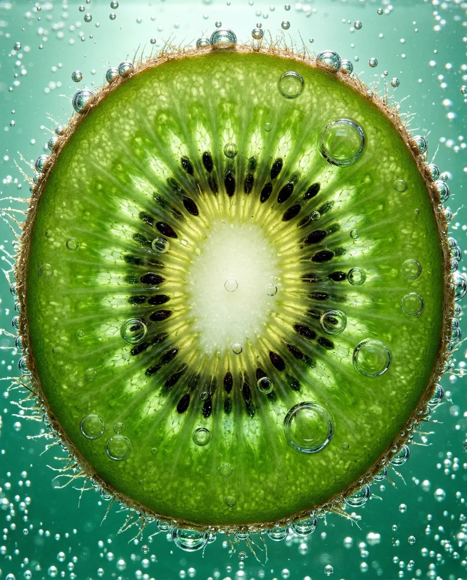 Une photographie macro extrême d'une seule tranche de kiwi submergée dans de l'eau pétillante, remplissant tout le cadre. À ce grossissement,...