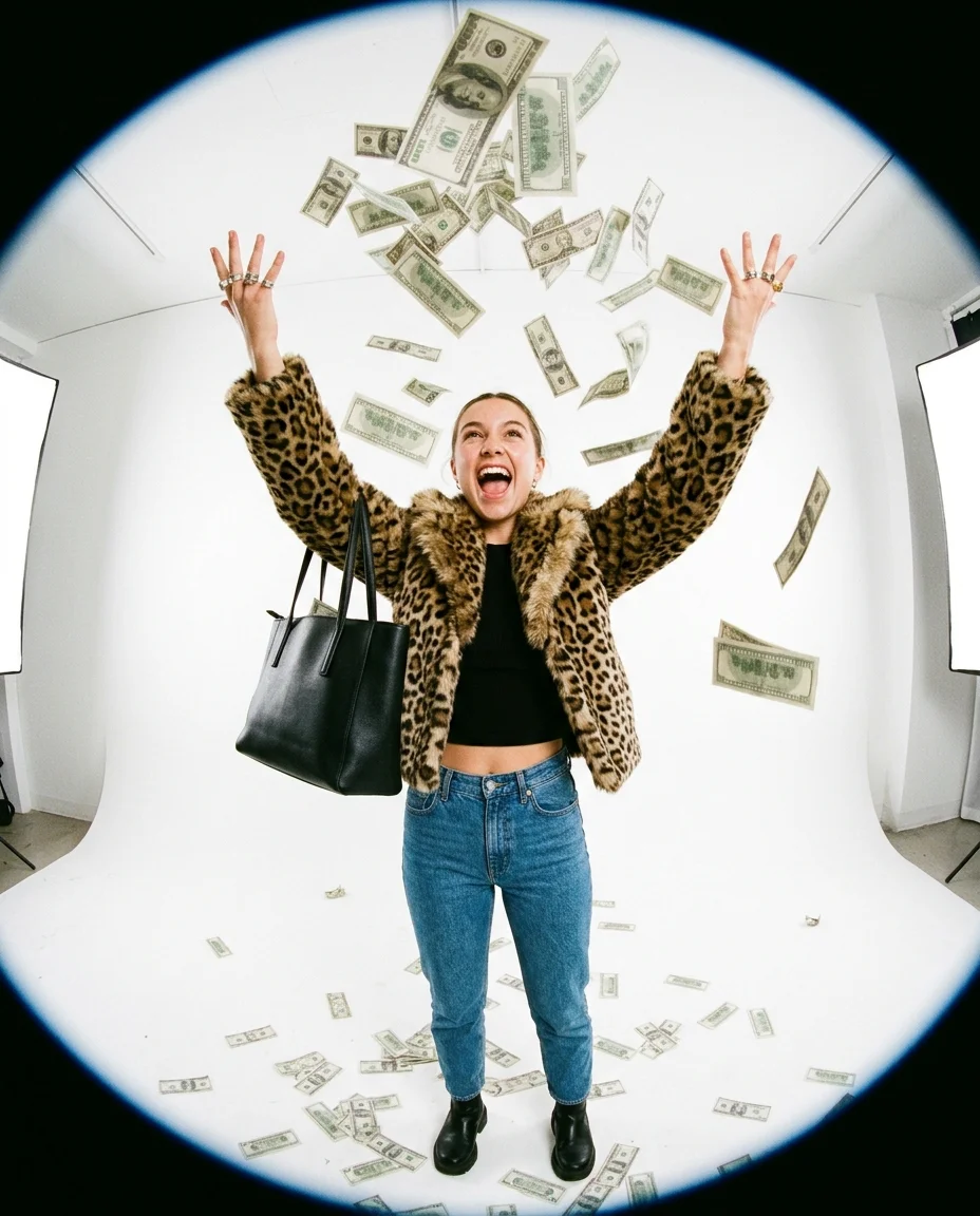 Fisheye portrait of the woman having just tossed bills upward, arms raised, banknotes at peak height surrounding her, maximum celebration energy, white studio