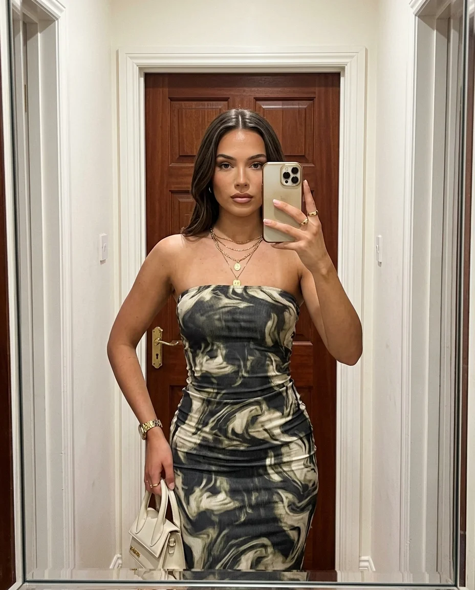 Selfie miroir symétrique avec pose frontale directe en robe moulante à imprimé marbre devant une porte en acajou centrée