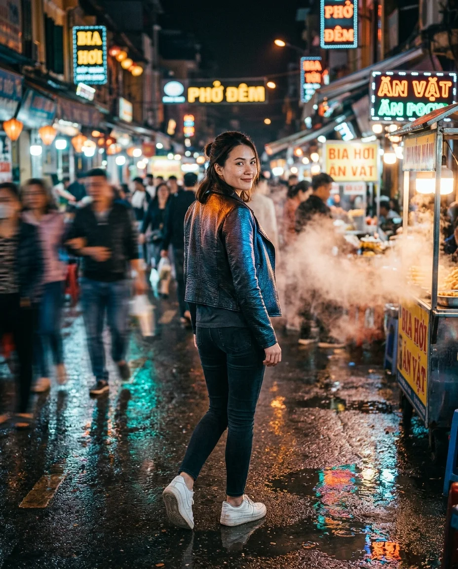 Une photographie cinématographique capturant une personne vue de trois quarts arrière alors qu'elle traverse un marché nocturne animé, son...