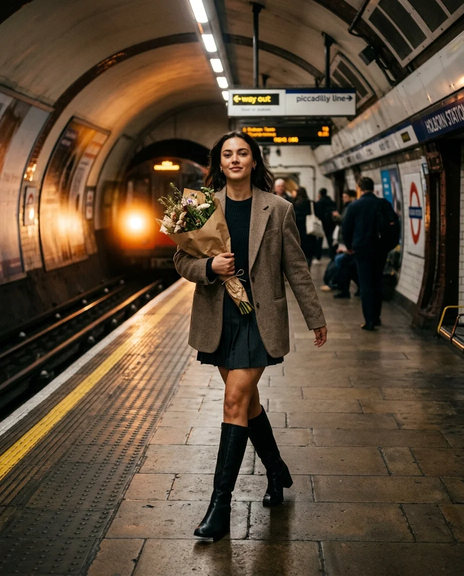 Une photographie cinématographique d'une femme marchant le long du quai du métro vers la caméra en vue de trois quarts, capturée en pleine foulée...