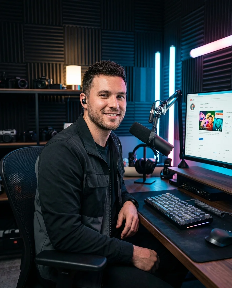 Three-quarter view of a content creator at their studio desk, monitor edge and mic visible, colored LED reflections on their face