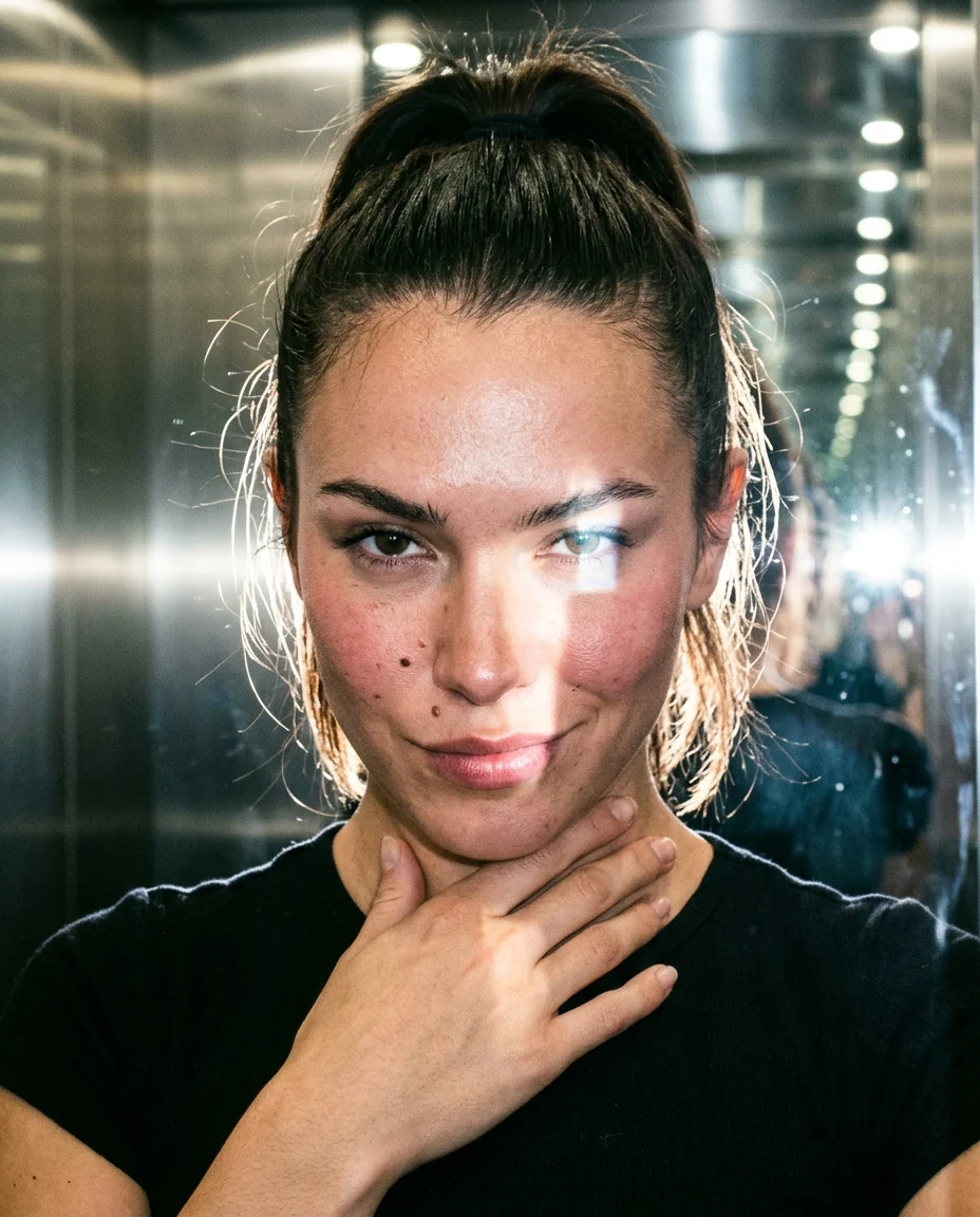 Tight mirror crop of face with mesmerizing gaze, flash catchlight in eyes, knowing smirk, ponytail strands, infinite metal reflections