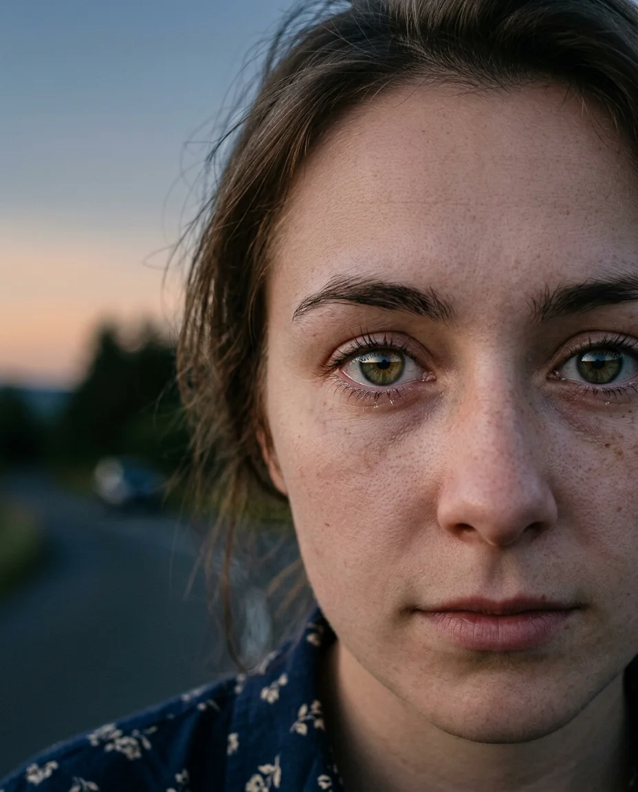 Una fotografía cinematográfica de primerísimo primer plano de los ojos y la parte superior de la cara de una mujer joven al anochecer en una carretera rural