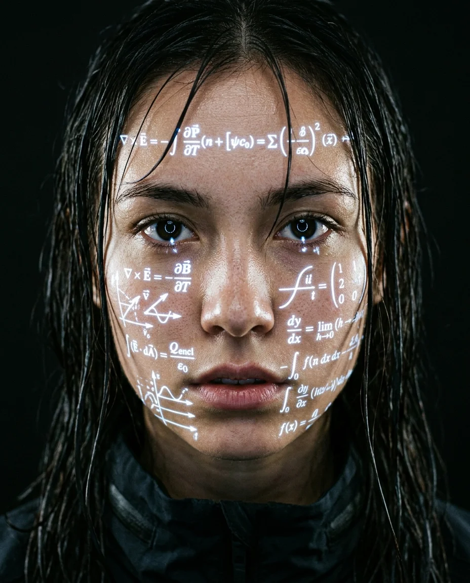 Un portrait cinématographique en gros plan de la même jeune femme, maintenant face directement à la caméra. Des mèches de cheveux mouillés collent à...