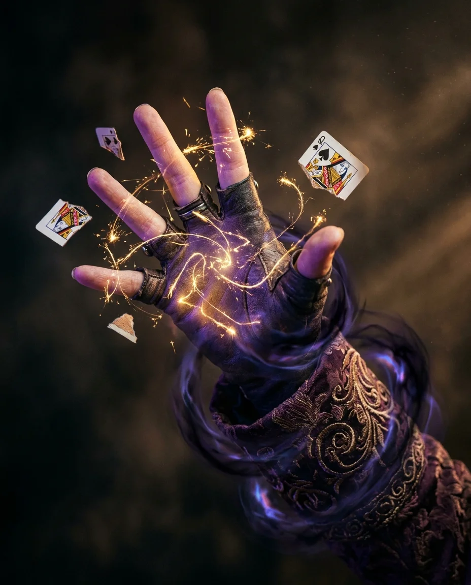 Gros plan de la main tendue de la sorcière avec des étincelles arcaniques dorées et une aura violet foncé crépitant entre ses doigts écartés, fragments de