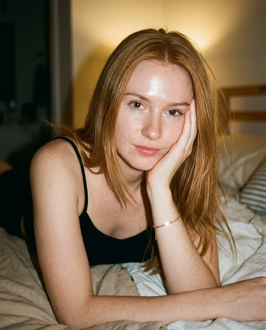 Expanded flash portrait resting face on hand with intense eye contact, auburn hair catching the light, warm bedroom background