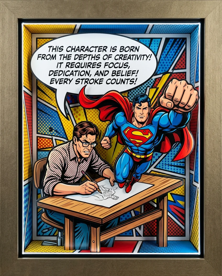 A single large pop-art diorama scene filling the entire frame, featuring one comic book illustrator rendered as a three-dimensional figure...