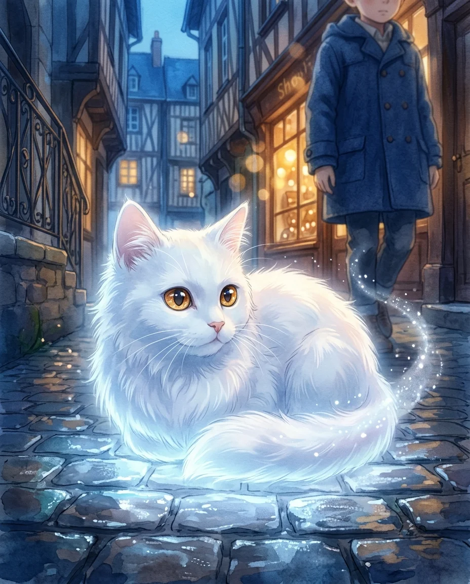 Un primer plano de anime de un gato espiritual blanco y esponjoso sentado sobre adoquines mojados en un callejón europeo a la hora azul....
