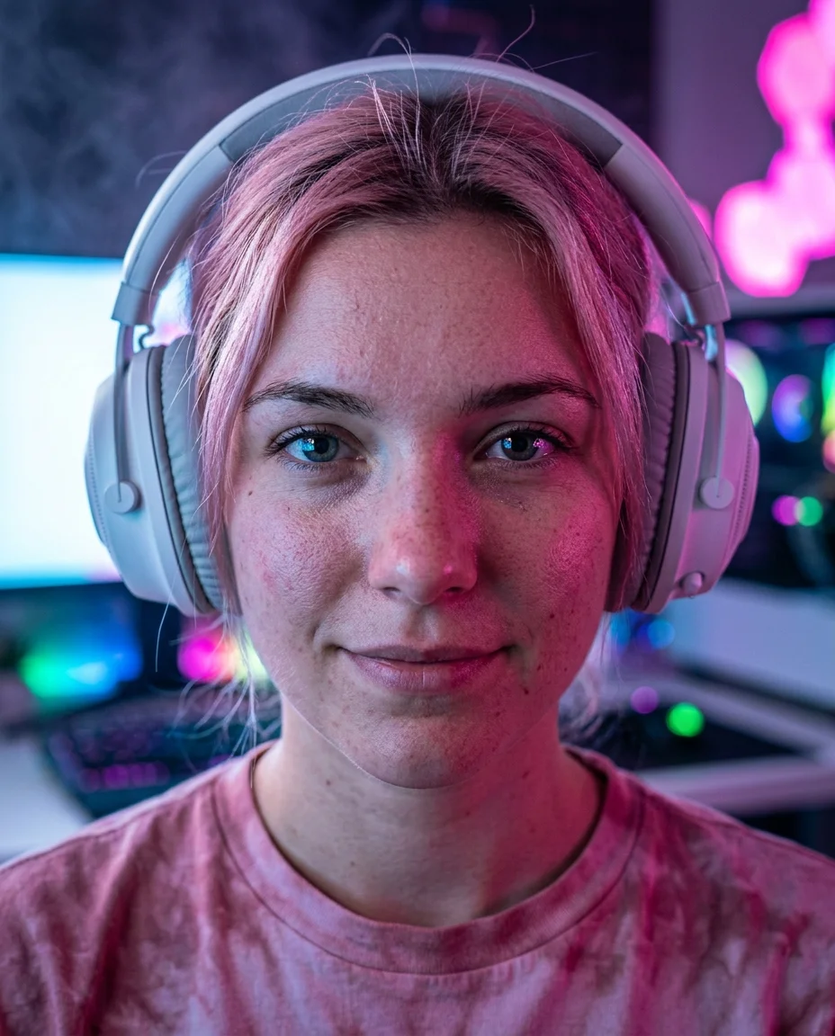 Close-up gamer portrait with dual RGB color contamination on skin — blue monitor light left, pink LED right, headphones framing