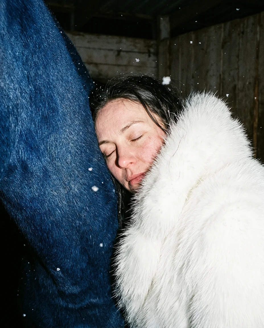 Close-up with face pressed against the blue horse's neck, cobalt and white fur dividing the frame, eyes closed, frozen snowflakes