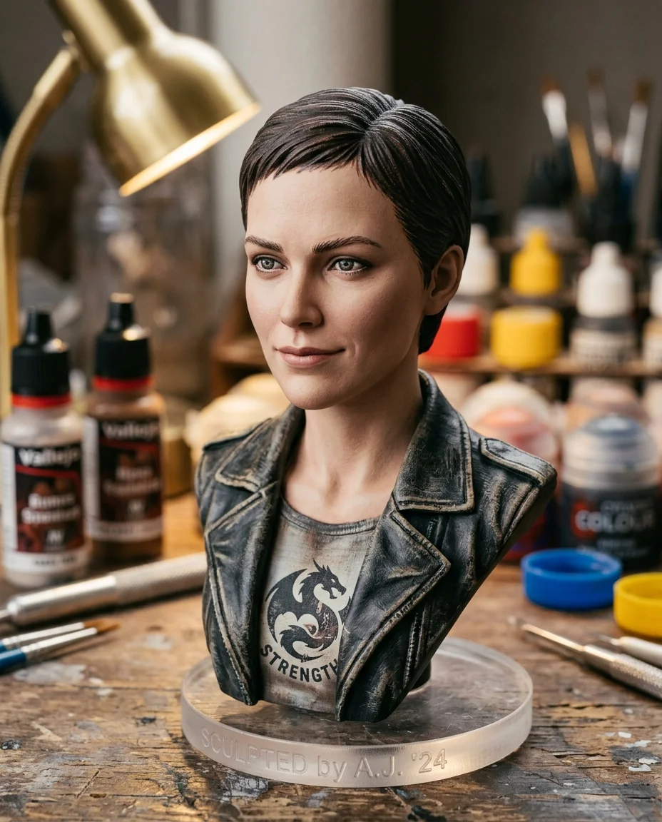 Photographie macro extrême du visage et du torse supérieur de la figurine de collection, révélant le détail extraordinaire peint à la main à l'échelle un