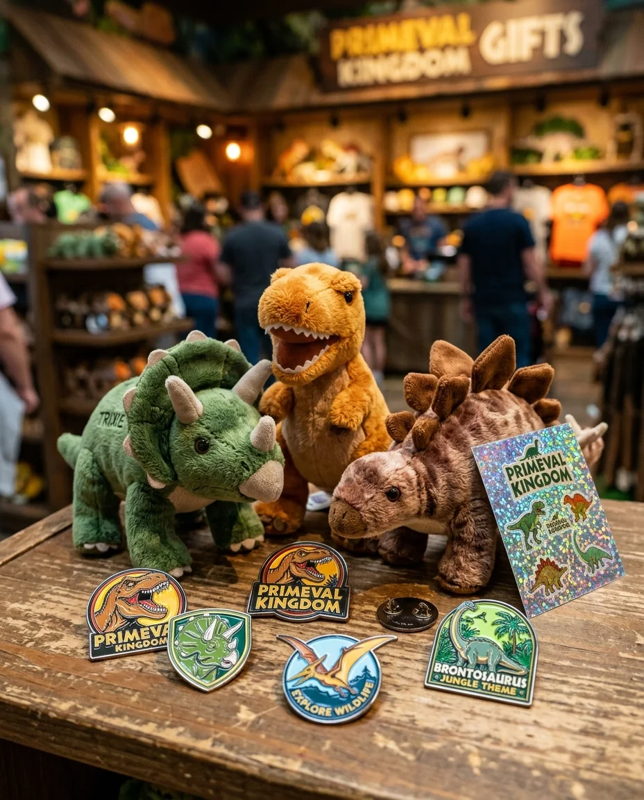 Hyper-realistische Nahaufnahme-Produktfotografie einer Ansammlung von Plüsch-Mini-Dinosauriern und sammelbaren Emaille-Abzeichen aus einem fiktiven Primeval...