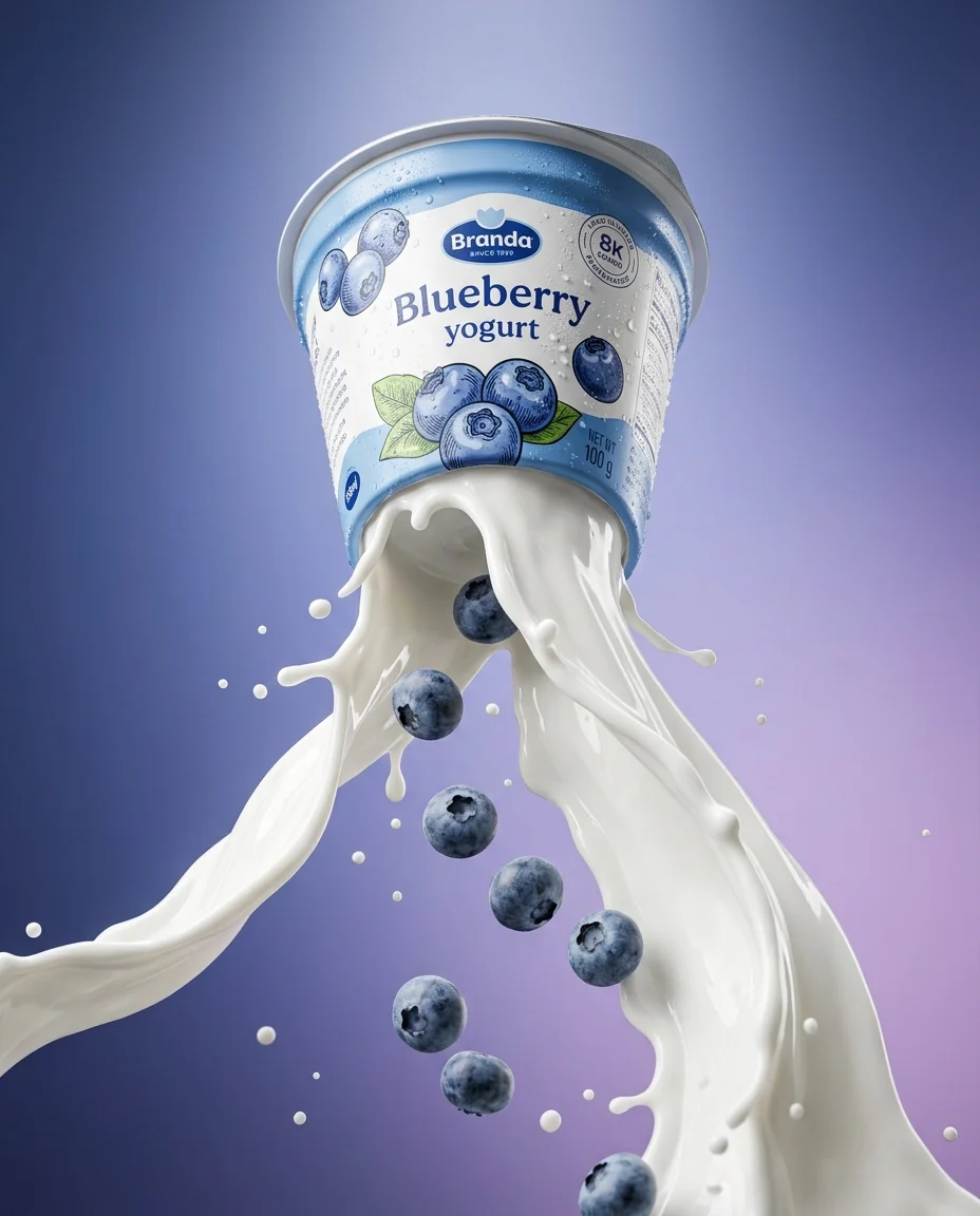Fotografía de producto comercial de alta gama desde un ángulo bajo y ascendente. El vaso de yogur de arándanos flota en el aire sobre la cámara, inclinándose