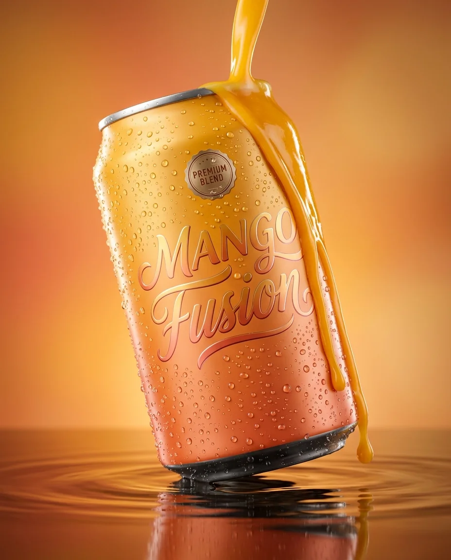 Photographie de produit de boisson ultra-réaliste, studio premium. Une canette en aluminium mat réfrigérée avec une finition dégradée premium lisse en mangue