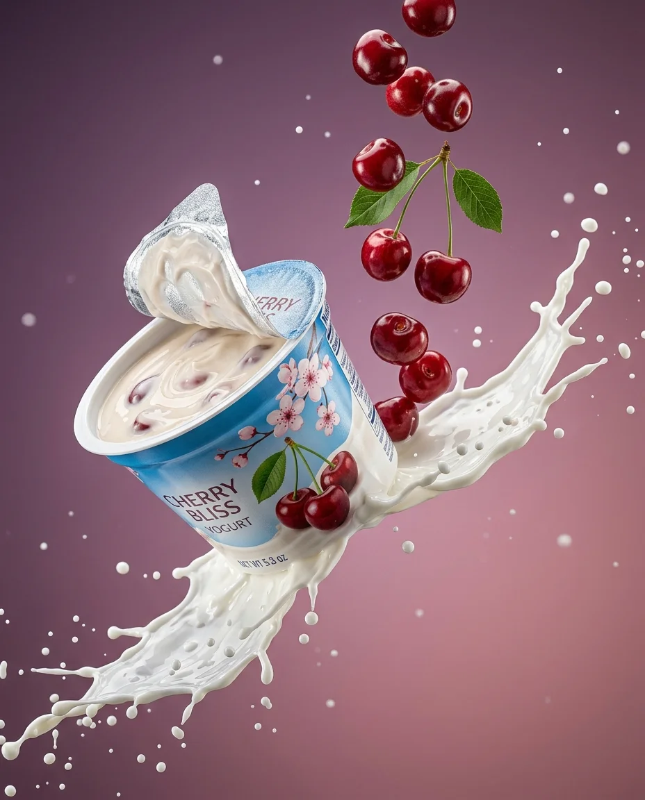 Photographie de produit commerciale haut de gamme d'un pot de yaourt aux cerises sous un angle latéral dramatique. Le pot s'incline vers l'avant en l'air, le...